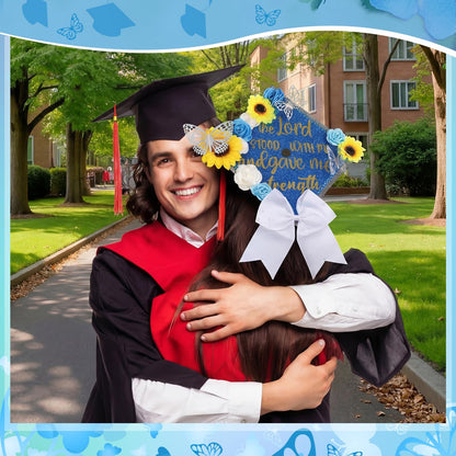 Gersoniel 45 Pcs DIY Graduation Cap Decorations Kit with Faux Flower Heads Graduation Quote Glitter Sticker Bow 3D Butterfly Rhinestone Pearl Stickers for Grad Cap Topper Art Craft Gift Decor(Blue)
