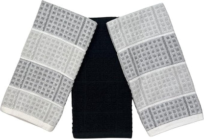 Black Gray Kitchen Dish Towels- Set of 3 100% Cotton Cloth Soft Cleaning Drying