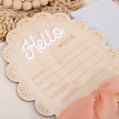 Girls Hello World Wood Sign - Newborn Birth Announcement Plaque, Scallop Edge Wooden Sign Disc, Hospital Name Welcome Baby Photo Props, Baby Shower Keepsake Gifts