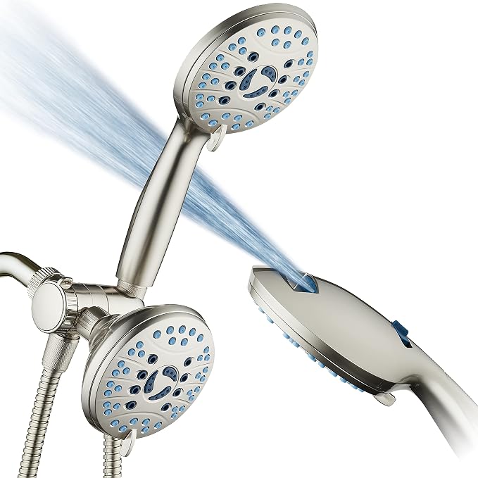 Hotel Spa AquaCare As-Seen-On-TV High Pressure 48-setting Rain & Handheld 3-way Shower Head Combo - Anti-clog Nozzles/Tub, Tile & Pet Power Wash/Extra Long 6 ft. Hose/Satin Nickel Finish
