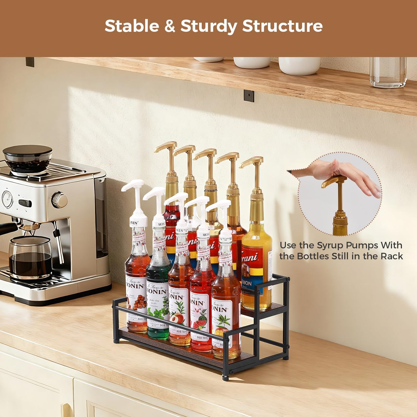 ICOHOT Coffee Syrup Rack Organizer, 2-Tier 10 Syrup Bottles Holder Stand for Coffee Bar, Liquor Bottle Display Shelf Bar Shelf Stand Countertop Rack for Syrup, Wine, Spice