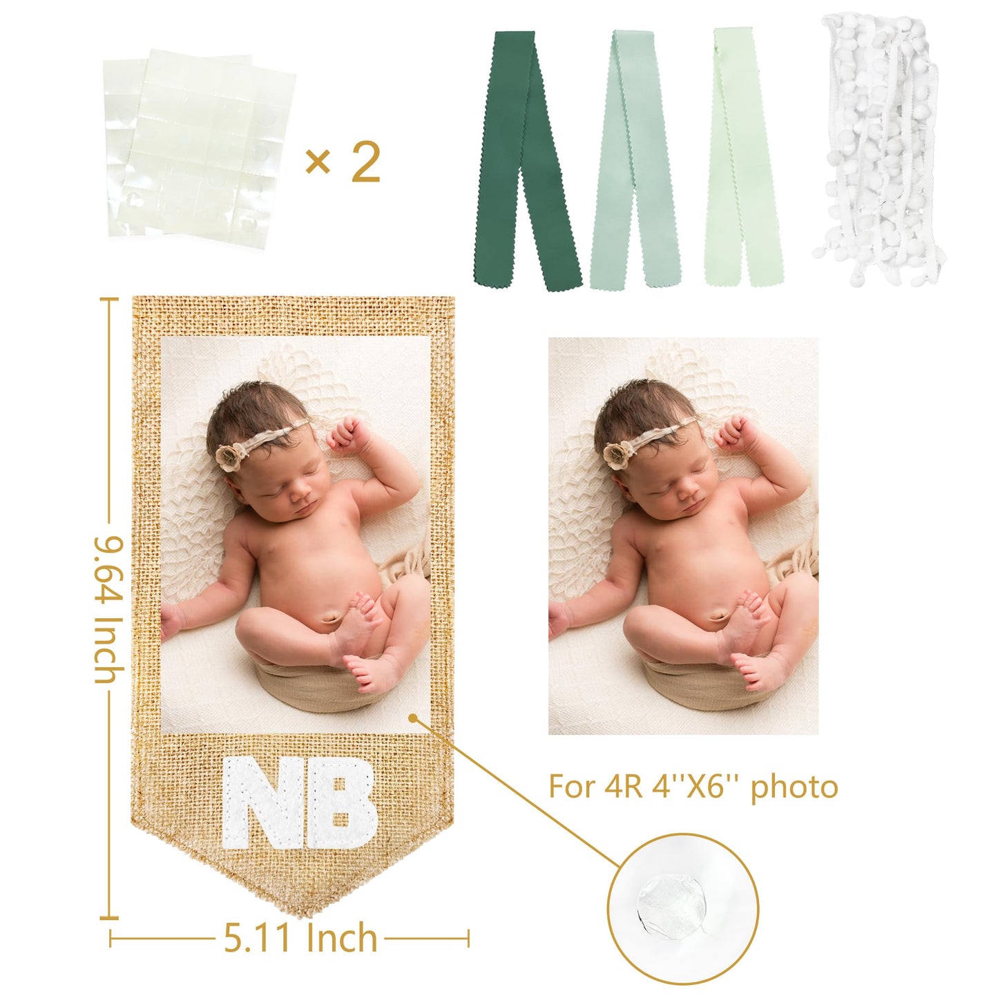 pinkblume 1st Birthday Burlap Photo Banner Garland Handmade Felt from Newborn to 12 Months with Gradient Sage Green Ribbon for Baby Boy Girl Monthly Milestones First Birthday Party Decoration Supplies