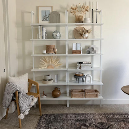 Nathan James Theo 6-Shelf Tall Modern Bookshelf, Wall Mount Ladder Shelf Bookcase with Wood and Industrial Metal Frame, Matte White