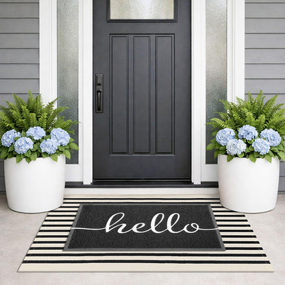 KILOCOCO Beige Striped Rug 2.3'x3.6' Indoor Outdoor Rugs Front Door Mat Hand Woven Cotton Washable Striped Layered Doormats for Front Porch/Kitchen/Farmhouse/Entryway/Patio