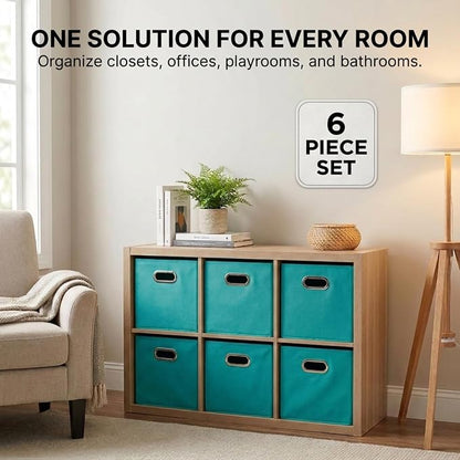 Household Essentials Fabric Storage Bins in Strong Poly‑Woven Fabric, Sturdy Chipboard Sides, Grommet Front Handle, Teal Green, Set of 6
