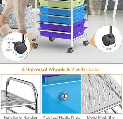 MEDIMALL 10 Drawers Rolling Storage Cart, Multipurpose Craft Storage Cart with Wheels, Mobile Tools Scrapbook Paper Organizer Cart for Office School Home Use (Rainbow)