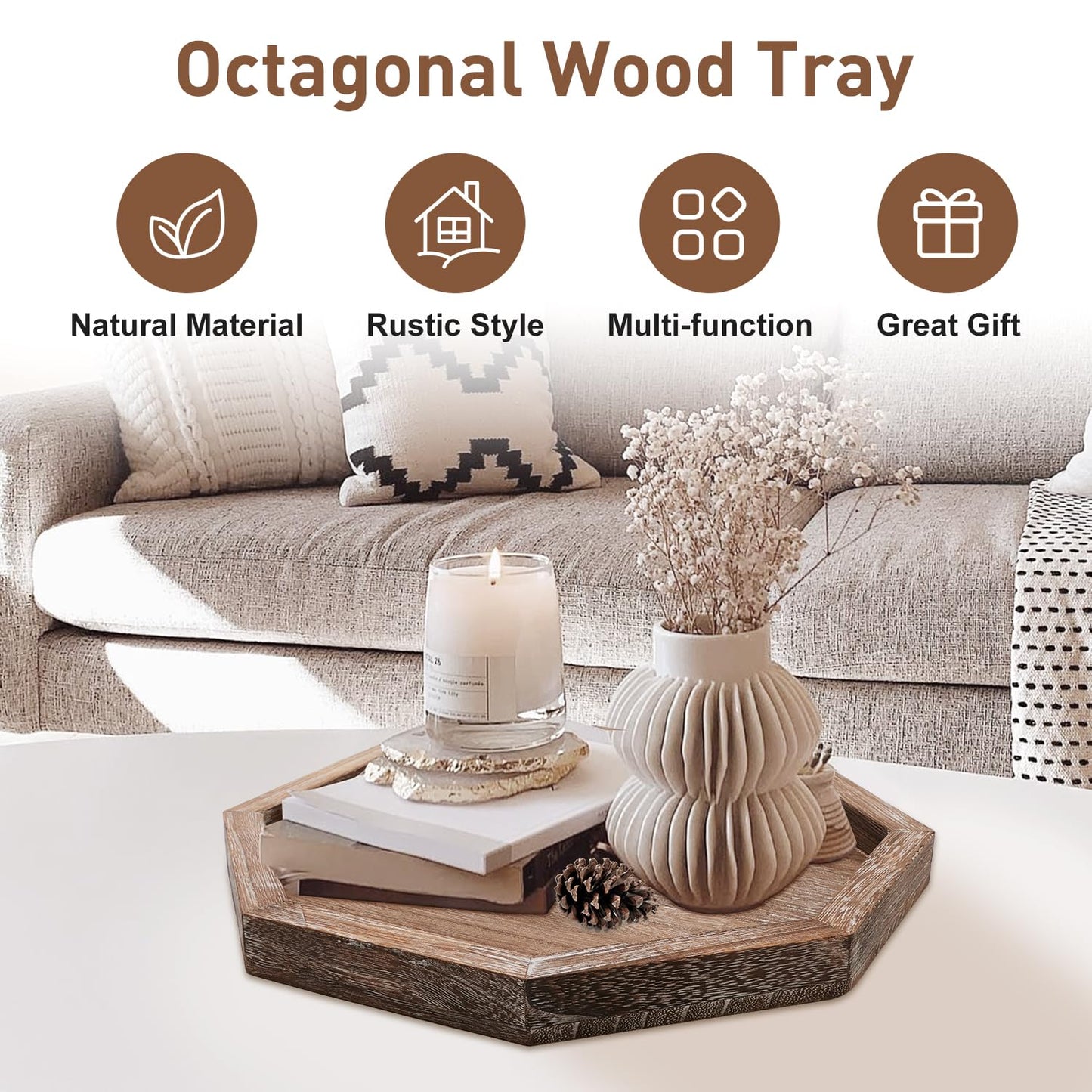 Rustic Candle Holder Plate Boho Wooden Decorative Trays for Coffee Table Farmhouse Kitchen Counter Home Decor Living Room Small Wood Serving Tray for Dining Table Centerpiece Bathroom Vanity Trays