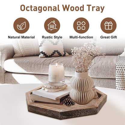 Rustic Candle Holder Plate Boho Wooden Decorative Trays for Coffee Table Farmhouse Kitchen Counter Home Decor Living Room Small Wood Serving Tray for Dining Table Centerpiece Bathroom Vanity Trays