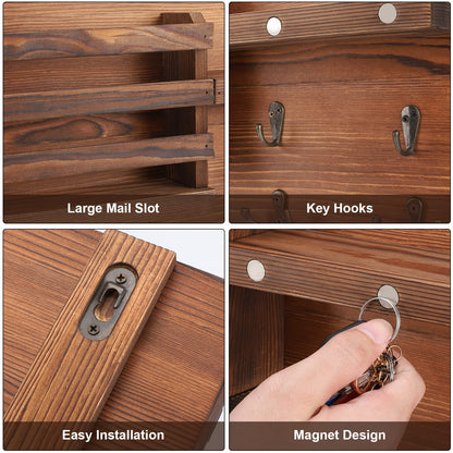 Decorative Key Hanging Rack with 10 Hooks – Easy Install Natural Wooden Key and Mail Holder for Wall Mount – Entryway Decor Rack with Shelf (Brown)
