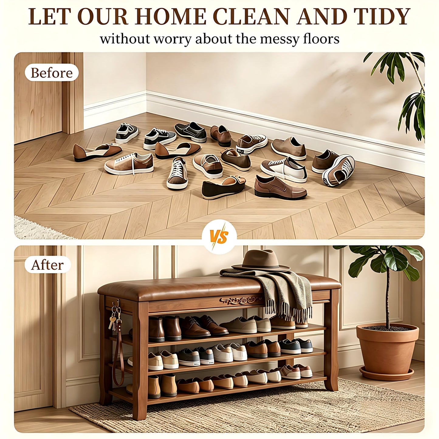 Shoe Rack Bench Entryway Storage with Leather Cushion, Shoe Organizer Bench for Entryway, Front Doors Entrances Hallway,Mudroom,Closet, Bedroom,Solidwood 3 Height-Adjustable Removable Shelve,39.4"