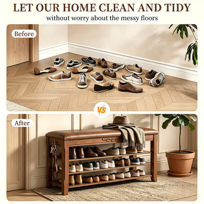 Shoe Rack Bench Entryway Storage with Leather Cushion, Shoe Organizer Bench for Entryway, Front Doors Entrances Hallway,Mudroom,Closet, Bedroom,Solidwood 3 Height-Adjustable Removable Shelve,39.4"