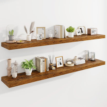 Marsmiles 72" Floating Shelves for Wall, Wooden Shelves with Invisible Brackets Set of 2, Rustic Farmhouse Wall Mounted Shelf for Kitchen Bathroom Living Room Study, Rustic Brown