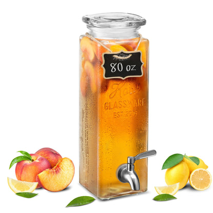 Kook Drink Dispenser, 80 oz, Water Dispenser Countertop, Glass Drink Dispenser, Beverage dispenser, with Leak-Proof Spigot, Clear Rectangular Jar, Storage for Party, Fridge, for Water, Iced Tea