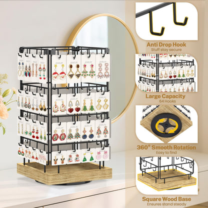 MODOWEY Earring Card Display Stand for Vendors, 64 Hooks Rotating Organizer Tree Holder, 4 Tier Jewelry Rack with Wooden Base for Stud Pierced Earring Selling, Grab Attention to Boost Sales, Oak