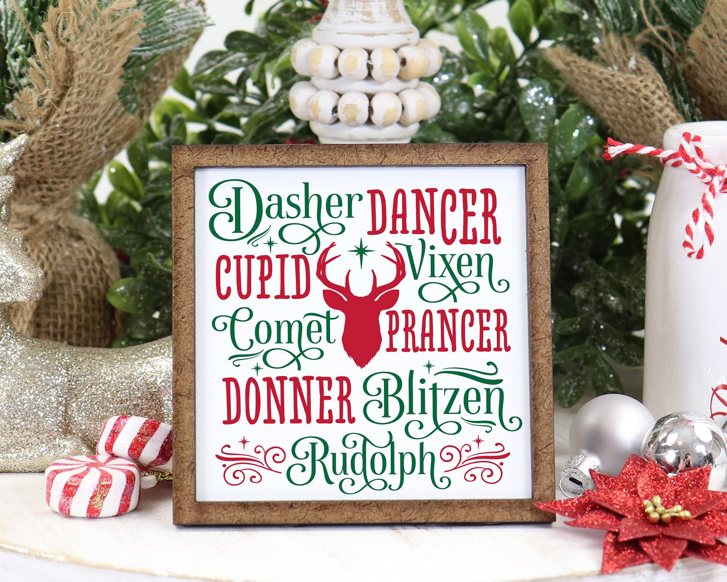 Reindeer Names Christmas Sign - Tier Tray Sign - Mini Wooden Sign - Wood Sign - Shelf Sitter - Home Decor -Kitchen Decor (4" x 4")