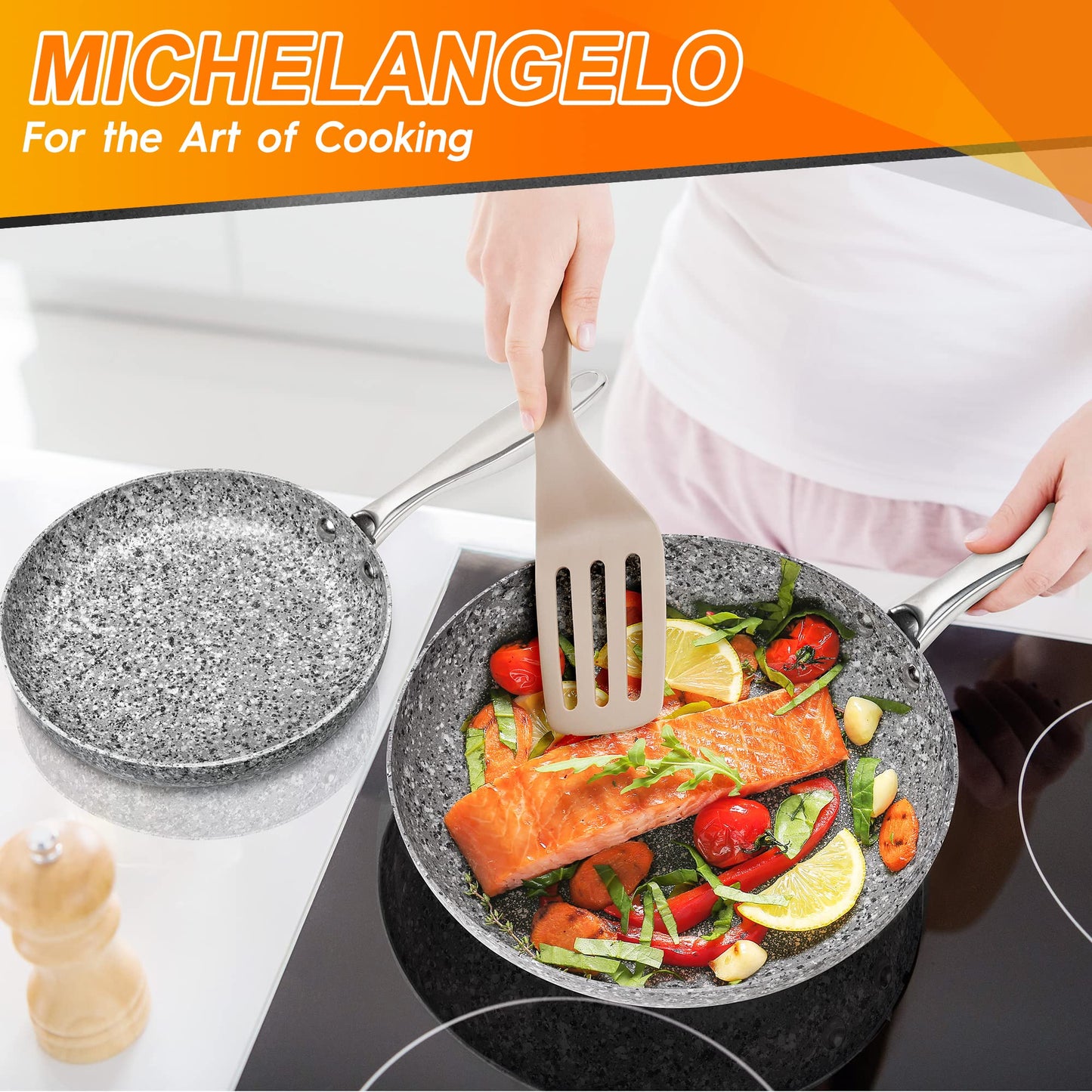 MICHELANGELO 10 Inch Frying Pan with Lid, Nonstick Frying Pan with Non Toxic Granite Coating, 10 Inch Stone Skillet, Non Stick Frying Pans for Cooking, Induction Compatible