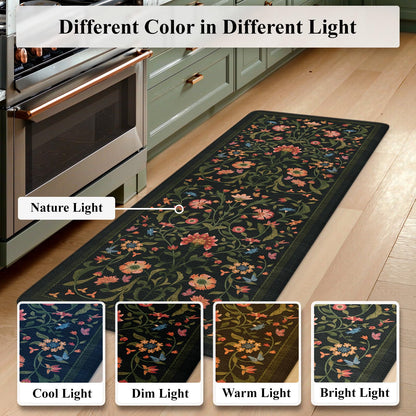 Collive Kitchen Mats for Floor 2PCS, Cushioned Anti Fatigue Mat Non Slip Waterproof Kitchens Sink Rug, Floral Comfort Padded Standing Mat for Laundry, Desk, Bar, Office, 17.3"x29"+17.3"x47", Black