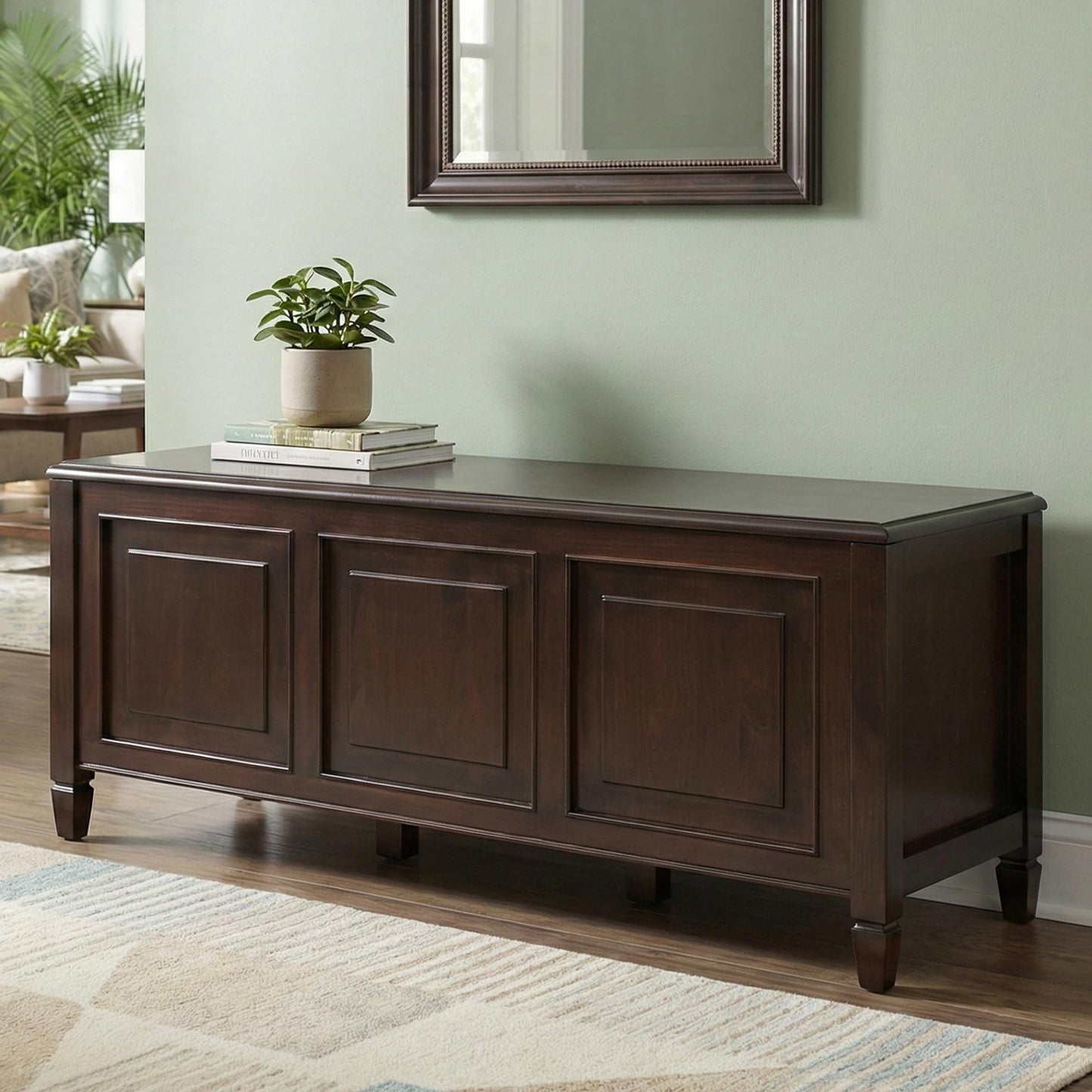SIMPLIHOME Connaught Storage Bench - 51 inch Wide Solid Wood Trunk Bench in Dark Chestnut Brown, Traditional Bench for Entryway with Lift-Up Lid and 3 Hidden Compartments