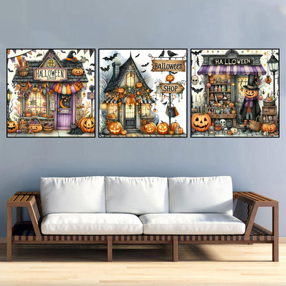 3 Pack Diamond Art Kits for Adults, Halloween Pumpkin Bat Shop Diamond Painting Kits for Adults, 5D DIY Round Full Drill Gem Art Paint With Diamonds Dots Crafts Kits for Home Decor Gift 14x14inch
