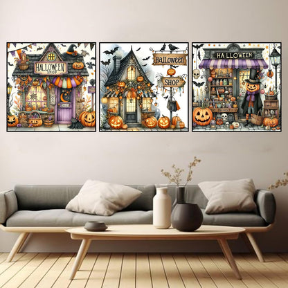 3 Pack Diamond Art Kits for Adults, Halloween Pumpkin Bat Shop Diamond Painting Kits for Adults, 5D DIY Round Full Drill Gem Art Paint With Diamonds Dots Crafts Kits for Home Decor Gift 14x14inch