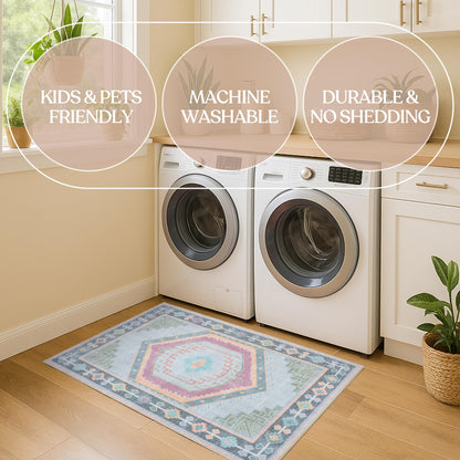 Fame Living Washable Area Rug. Modern Farmhouse. Vintage. Turkish. Bohemian. Distressed. Oriental. Traditional. Rugs for Living Room. Dining. Bedroom. Office. Entryway. Foyer. (856GP, 2'5" x 4'9")