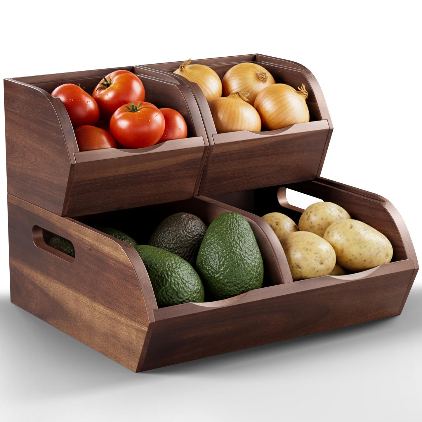 NAGAWOOD Acacia Wood Pantry Storage Bins - Stackable Open Front Kitchen Baskets with Airflow Vent for Potato, Onion, Fruit, Vegetable, and Bread Storage, Wood Organizer for Pantry and Countertop