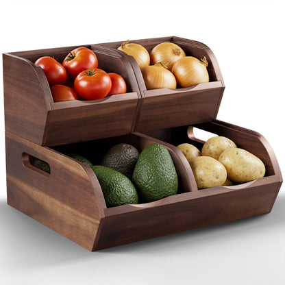 NAGAWOOD Acacia Wood Pantry Storage Bins - Stackable Open Front Kitchen Baskets with Airflow Vent for Potato, Onion, Fruit, Vegetable, and Bread Storage, Wood Organizer for Pantry and Countertop
