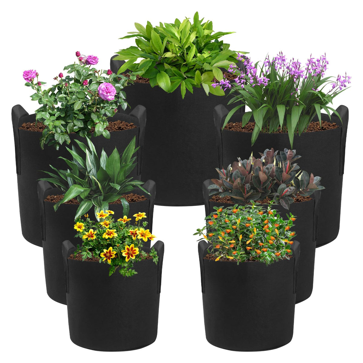 LITLANDSTAR 7 Pack Black Grow Bags, Thickened Nonwoven Plant Fabric Pots with 4 Sizes - 5/7/10/15 Gallon Aeration Planting Bags for Potato Tomato Carrot Strawberry