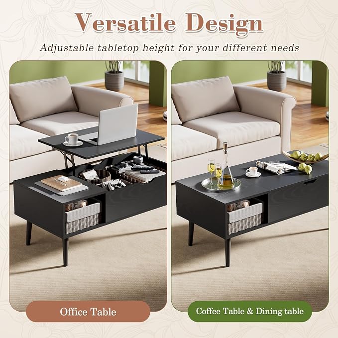 OLIXIS Wood Coffee Table Lift Top Coffee Tables for Living Room Office, Small Rising Wooden Center Tables with Large Storage Shelf and Hidden Compartment, Black