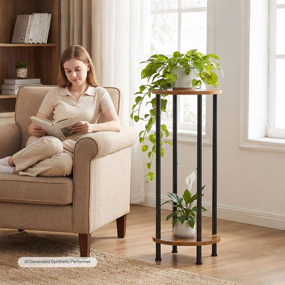 HOOBRO Plant Stand Indoor, 2 Tier 32.8" Tall Small Plant Shelf for Small Space, Round Potted Holder Rack, Modern Flower Stand for Living Room Balcony Garden, Rustic Brown and Black BF15HJ01