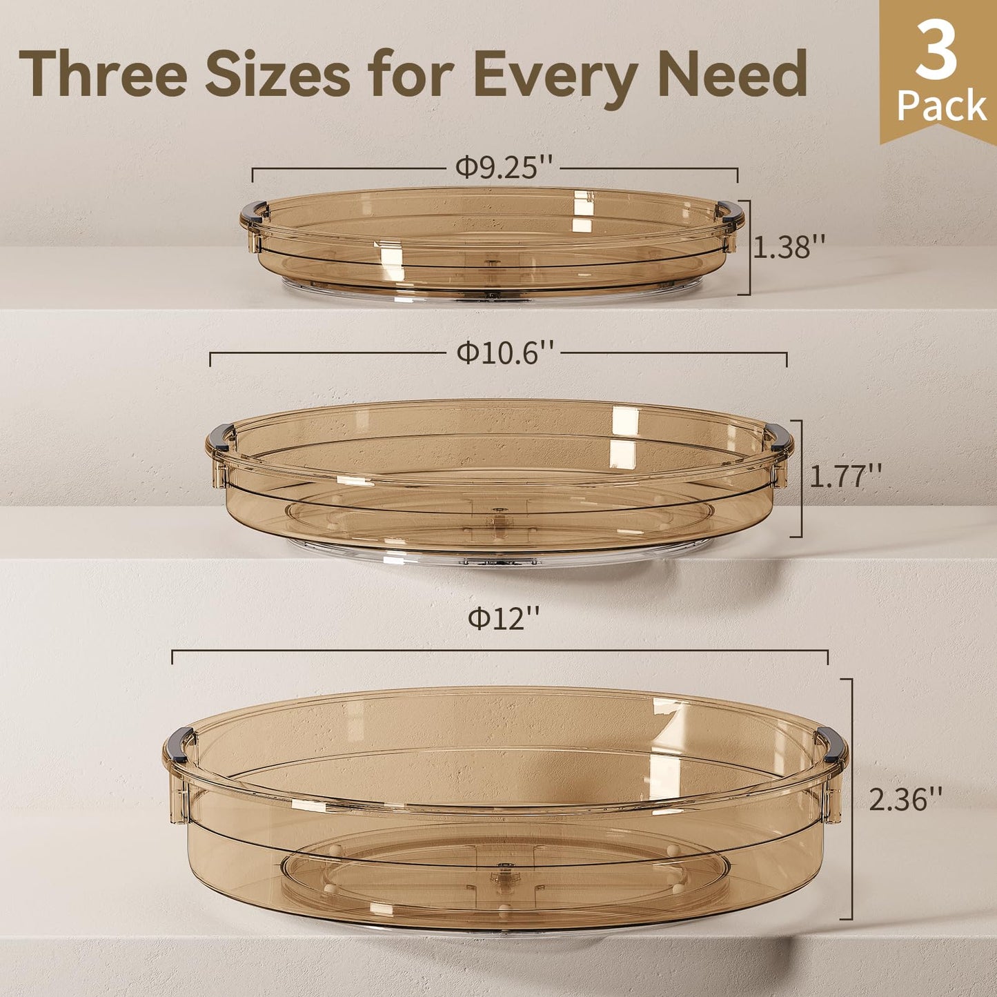 LAMU 3 Pack Lazy Susan Organizer Turntable for Cabinet, Rotating Condiment Organizer for Kitchen Pantry Organizers and Storage, Table Top, Fridge, Countertop, Spice Organization, 9.25'' 10.6'' 12''