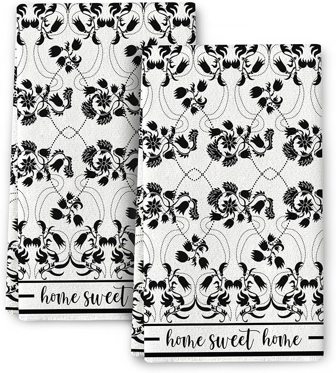 Black Kitchen Towels Decorative Set of 2, Absorbent Boho Floral Dish Towels