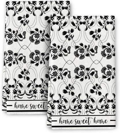 Black Kitchen Towels Decorative Set of 2, Absorbent Boho Floral Dish Towels