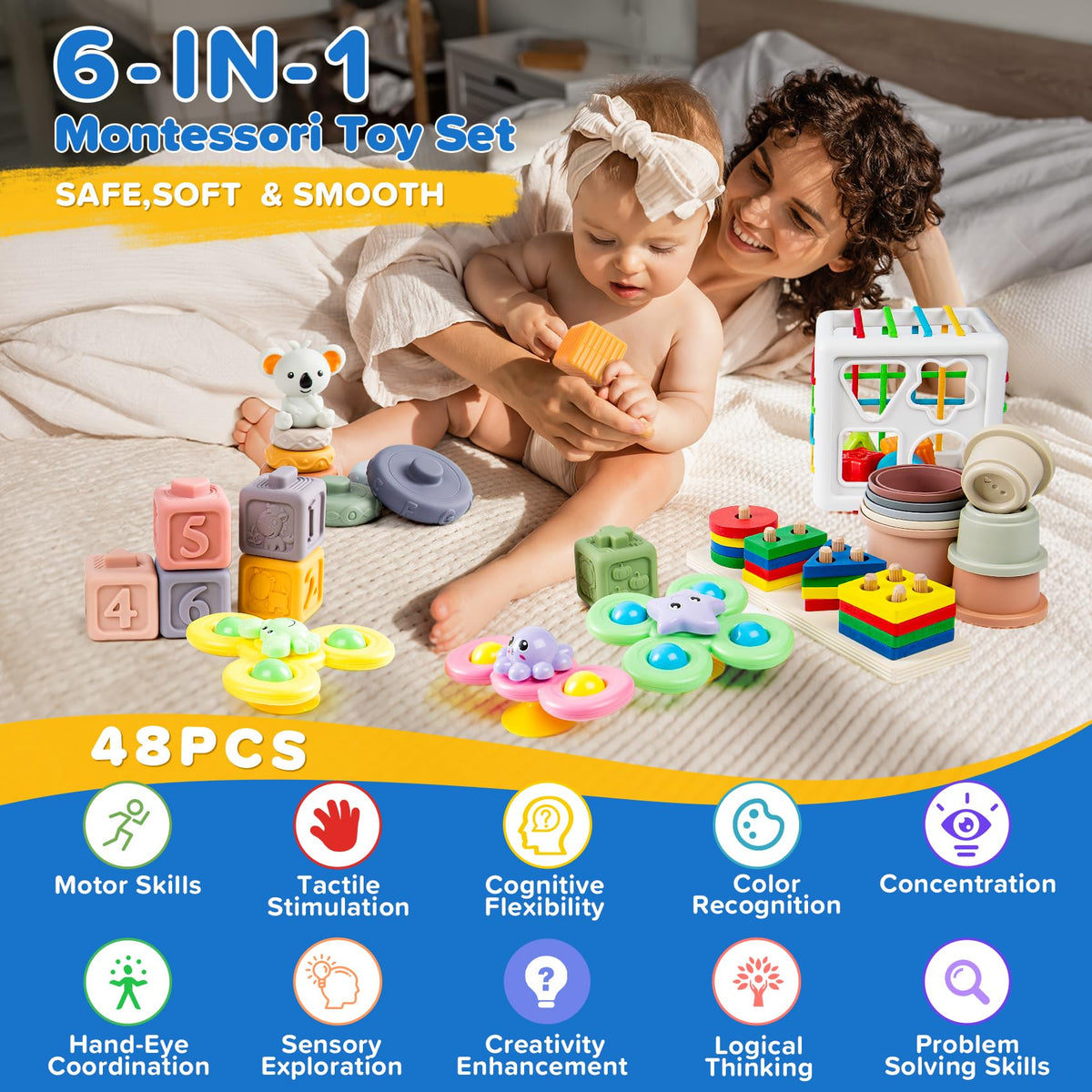 6-in-1 Baby Toys 6 to 12 Months, Montessori Toys for Babies 6-12-18 Months, Infant Teething Toy Stacking Blocks Rings Sensory Bin, Sorting Sensory Educational Learning Gift for Toddlers Aged 1-3