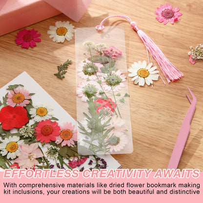 AmazingSpark 222 Pcs Dried Flower Bookmark Making Kit Include DIY Pressed Flower Colorful Tassels Ribbons and Transparent Bookmark Laminating Pouches 2 x 6 Inch(Pink)