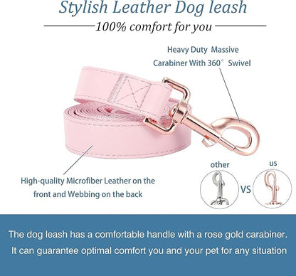 Dog Collar and Leash Set.Soft and Easy to Clean Vegan Leather with Rose Gold Metal Buckle for Small Medium Large Dogs (Pink, S(12.2"-16.9"))