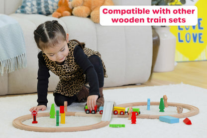 Jasey's Toy Chest 33-Piece Wooden Little Town Train Adventure Set | Interlocking Tracks, Bridge, & Town Accessories | Compatible with Other Wooden Train Sets | for Toddlers Ages 3+