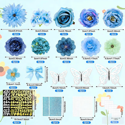 69 Pcs Graduation Cap Decorations Kits, Grad Cap Topper Decorations Included Faux Flowers 3D Butterfly Bow Rhinestones Alphabet Letter Stickers for Graduation Cap Topper DIY Craft Art Decor (Blue)