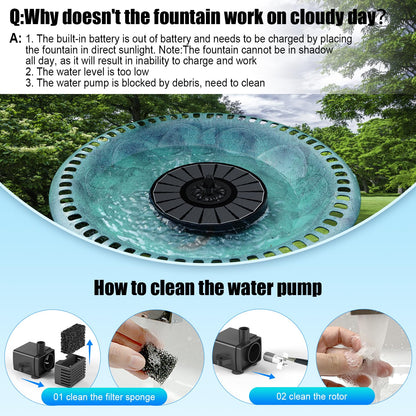 Solar Fountain Work On Cloudy Day,Solar Water Bird Bath Fountain with Faster Conversion Glass Solar Panel and Power Indicator,Built-in 2000mAh Battery,Outdoor Garden Decor(Black Panel)