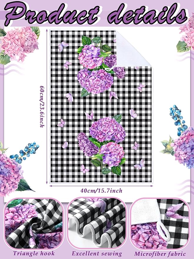 Bencailor 4 Pcs Spring Hydrangea Kitchen Towels Farmhouse Purple Floral Hand