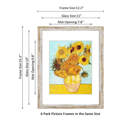 DEKWINN Rustic Distressed Retro Style White Frame 11x14 Picture Frame Set of 6 with Real Glass for Pictures 8x10 with Mat or 11x14 Without Mat, Wall Gallery or Tabletop display