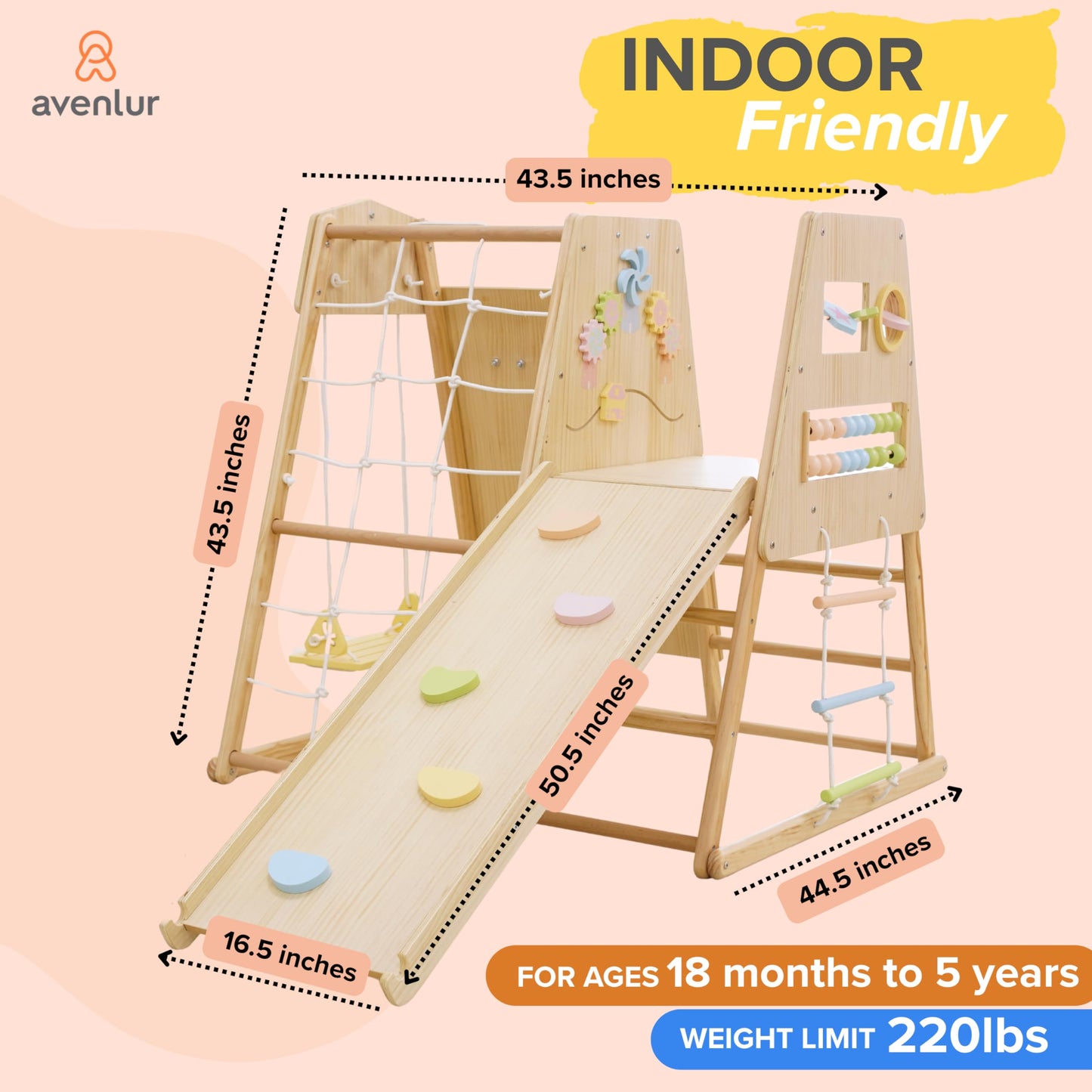 Avenlur Cherry 5-in-1 Wooden Indoor Climber – Montessori Toddler Play Gym with Slide, Rock Wall, Rope Ladder, Sensory Panel & Swing – Indoor Playground for Kids Ages 18 Months to 5 Years