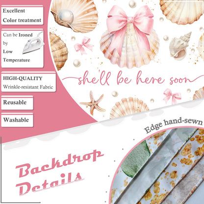 Bcuuipo Shell Themed Baby Shower Backdrop She'll Be Here Soon Pink Bowknot Pearl Seashell Photography Background for Girls Newborn Baby Shower Party Decoration Supplies Banner Photo Booth Props 7x5ft