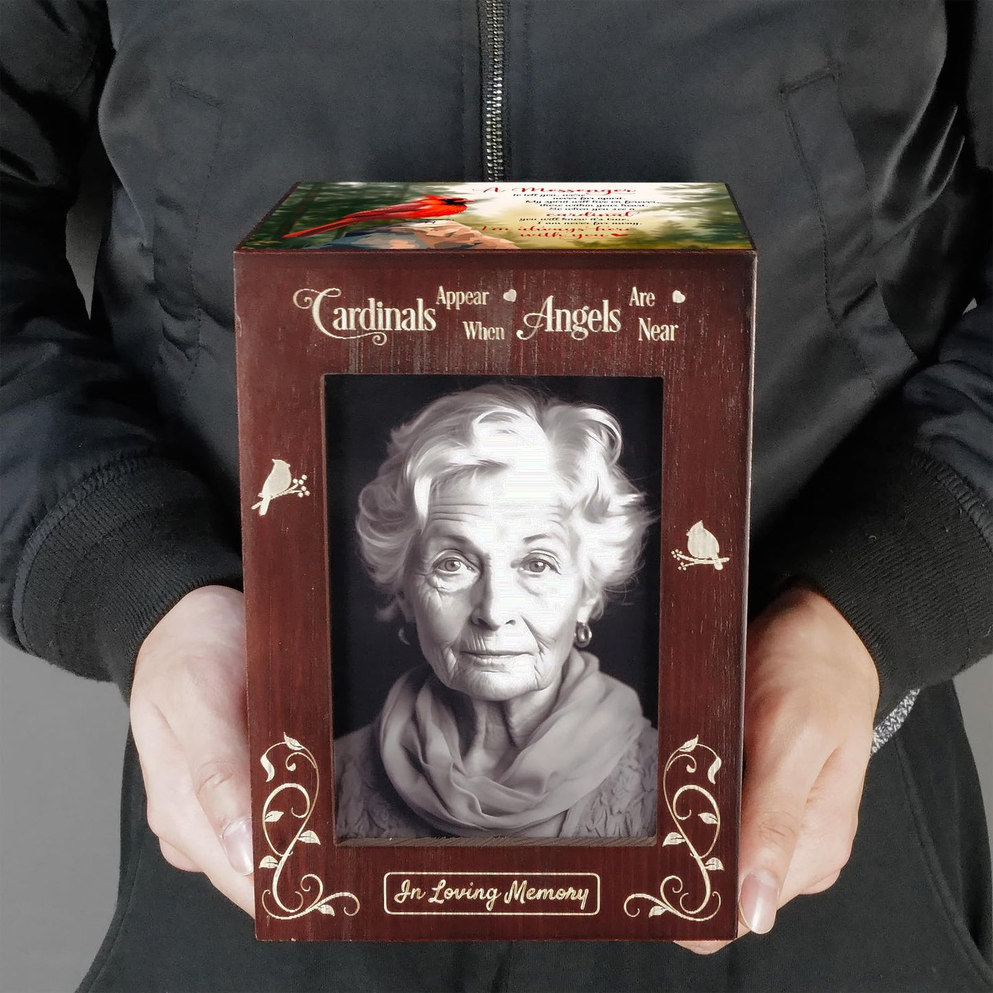 CHIEMOT - Wooden Cremation Urns with Photo Frame for Human Ashes Adult Female Male, Wood Urns Box and Casket, Funeral Decorative Urn with Picture for Adults Up to 200 lbs (Large, Cardinal)