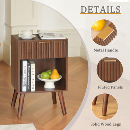 Fultyle Walnut Nightstand, Modern Night Stand with Fluted Drawer and Open Storage, Wooden Bedside Table with Solid Wood Legs for Bedroom, Living Room, Office (Walnut Brown)