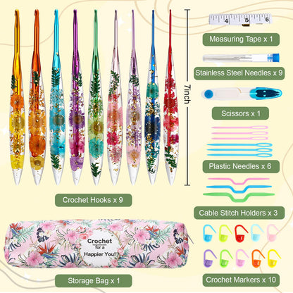 Riceshoot 9 Pcs Crochet Hook Set, 2.0mm-6.0mm Ergonomic Crochet Hooks with Long Floral Handle for Beginners Crocheting Lovers, Includes Storage Bag and Other Accessories