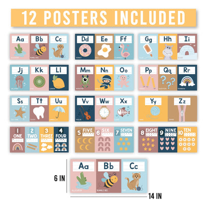 Hadley Designs Alphabet for Classroom Wall Decor - ABC Posters for Classroom Wall Chart Preschool & Kindergarten, ABC Letters & Number Line Elementary, Alphabet Cards, Boho Classroom Decor