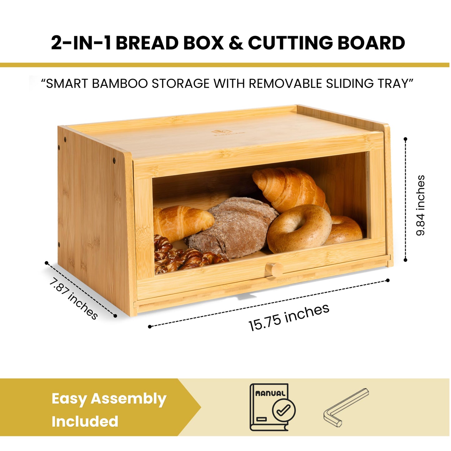KuraHouse Bamboo Bread Box with Sliding Lid – Large Bread Box with Transparent Window – Bread Holder for Kitchen Countertops – Bamboo Bread Storage Container