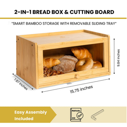 KuraHouse Bamboo Bread Box with Sliding Lid – Large Bread Box with Transparent Window – Bread Holder for Kitchen Countertops – Bamboo Bread Storage Container