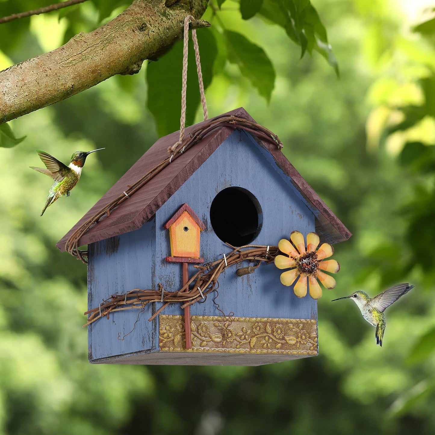 AHUONEL Hanging Bird Houses for Outside Decorative Birdhouse, Garden Bird Feeders for Outdoors, Blue Wooden Bird Nest Box for Wren Finchs Hummingbird Cardinal Bluebird Wild Birds, Gift for Bird Lovers